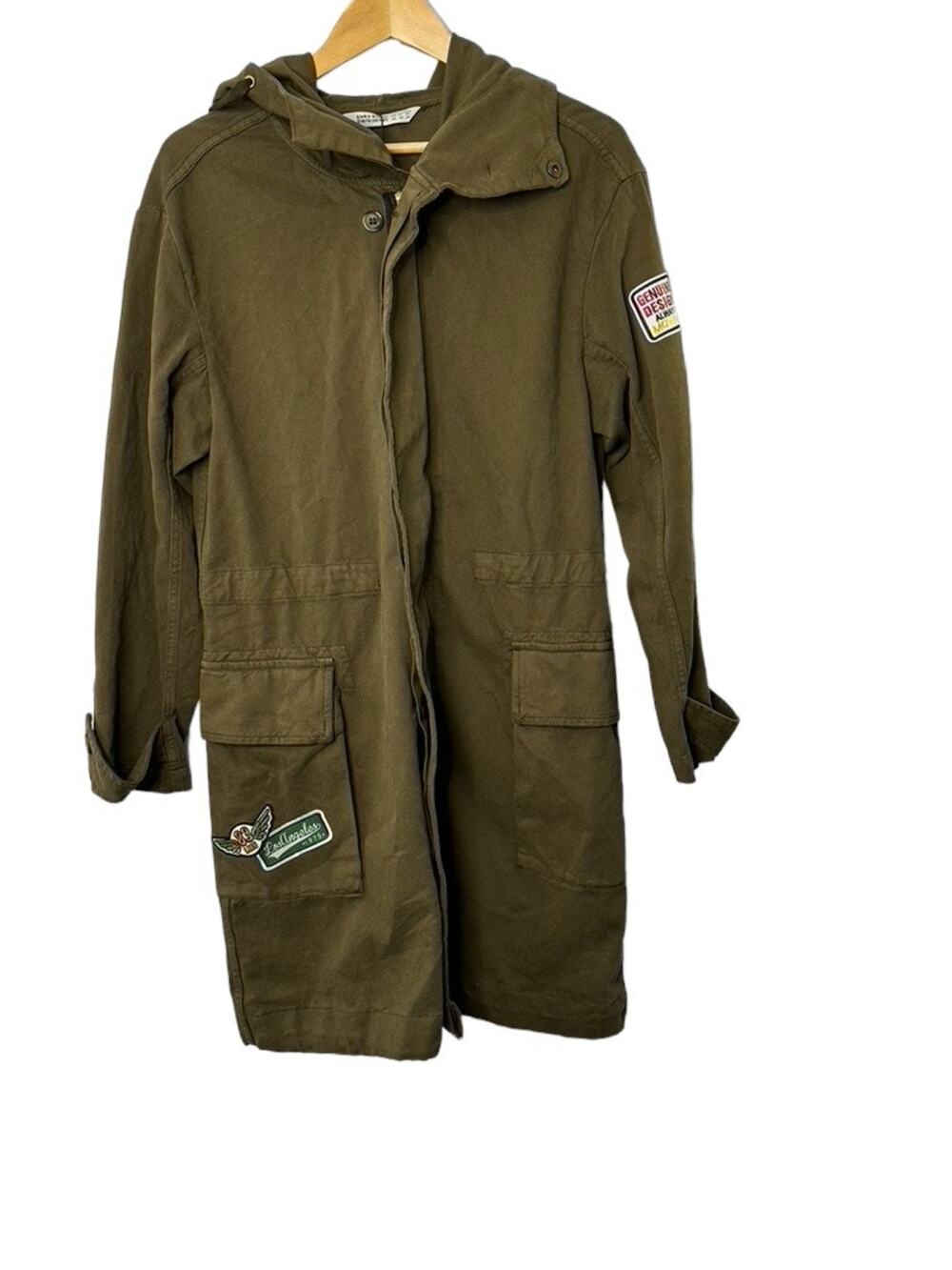 Zara Basic Z1975 Denim Dark Green Long Military Jacket w/ Patches Women's XS New